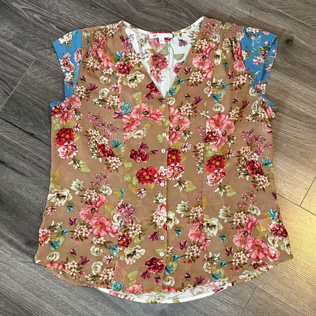 Dr2 Floral Women's Top Multicolor Tan Blouse Casual Office Wear Versatile Chic